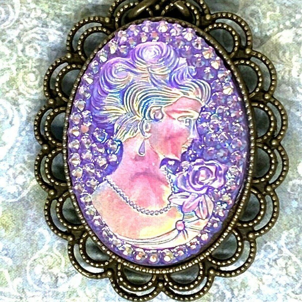 Purple Ab Rhinestonevictorian Lady Necklace Pin